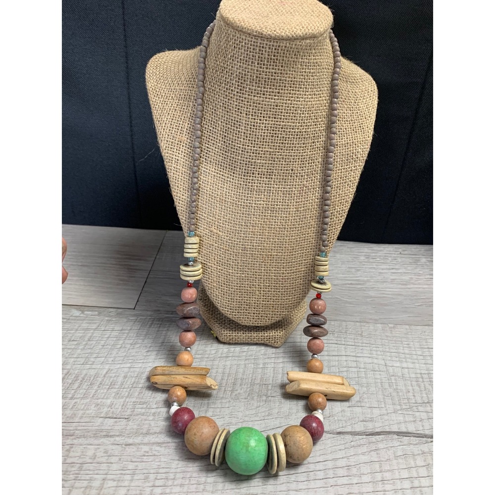 Boho Natural Wood and Stone Beaded Long Statement Necklace Earthy‎ 32 Inch